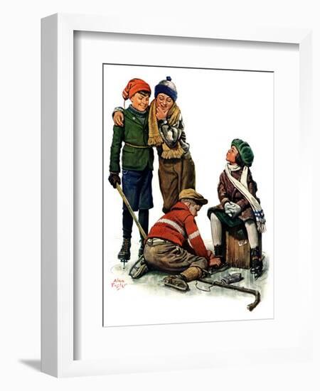 "Hockey Waits, Tying Skates,"December 17, 1927-Alan Foster-Framed Giclee Print