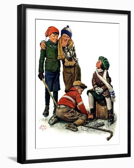 "Hockey Waits, Tying Skates,"December 17, 1927-Alan Foster-Framed Giclee Print