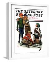 "Hockey Waits, Tying Skates," Saturday Evening Post Cover, December 17, 1927-Alan Foster-Framed Premium Giclee Print