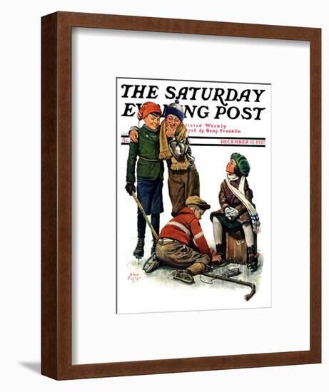 "Hockey Waits, Tying Skates," Saturday Evening Post Cover, December 17, 1927-Alan Foster-Framed Giclee Print