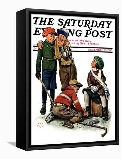 "Hockey Waits, Tying Skates," Saturday Evening Post Cover, December 17, 1927-Alan Foster-Framed Stretched Canvas