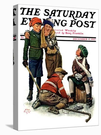 "Hockey Waits, Tying Skates," Saturday Evening Post Cover, December 17, 1927-Alan Foster-Stretched Canvas