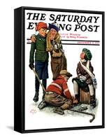 "Hockey Waits, Tying Skates," Saturday Evening Post Cover, December 17, 1927-Alan Foster-Framed Stretched Canvas