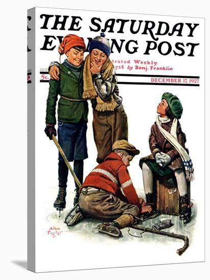 "Hockey Waits, Tying Skates," Saturday Evening Post Cover, December 17, 1927-Alan Foster-Stretched Canvas