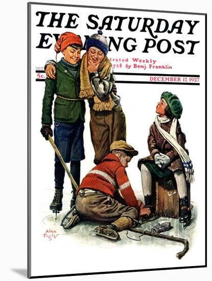 "Hockey Waits, Tying Skates," Saturday Evening Post Cover, December 17, 1927-Alan Foster-Mounted Giclee Print