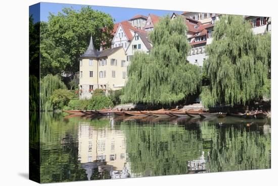 Holderlinturm Tower and Stocherkahn (Punt) Reflecting in Neckar River-Markus-Stretched Canvas