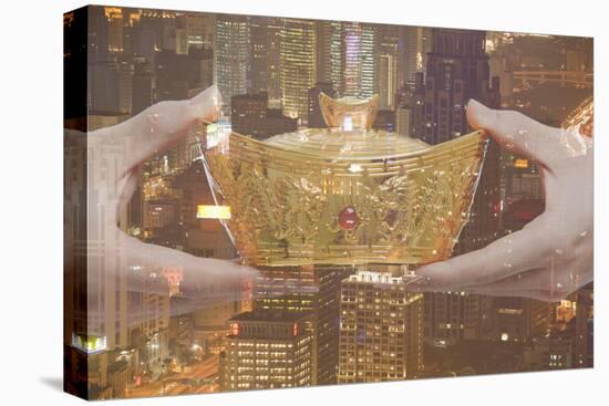 Holding Chinese New Year Gold Ingot, Night City View-XiXinXing-Stretched Canvas