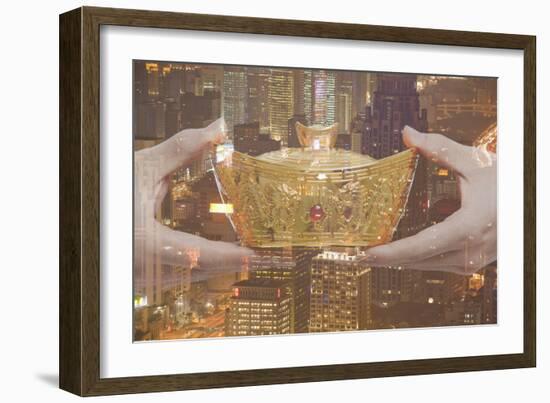 Holding Chinese New Year Gold Ingot, Night City View-XiXinXing-Framed Photographic Print