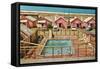 Holiday Cabins around Swimming Pool-Found Image Press-Framed Stretched Canvas