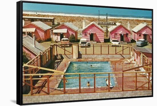 Holiday Cabins around Swimming Pool-Found Image Press-Framed Stretched Canvas