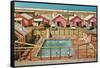 Holiday Cabins around Swimming Pool-Found Image Press-Framed Stretched Canvas