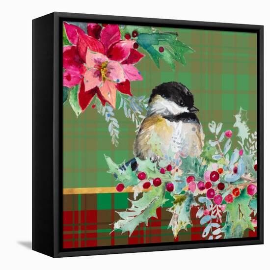 Holiday Poinsettia and Cardinal on Plaid II-Patricia Pinto-Framed Stretched Canvas