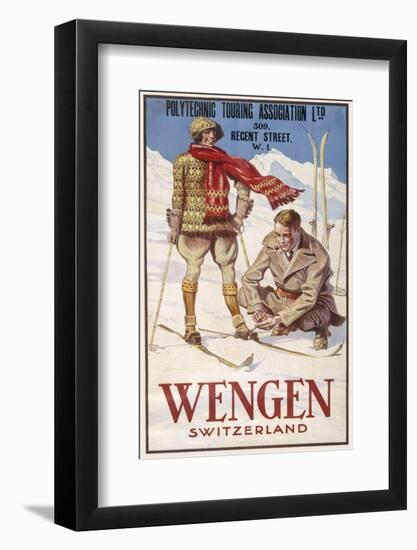 Holiday Poster for Wengen in Switzerland Showing a Couple Skiing-null-Framed Photographic Print