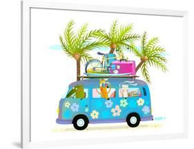 Holiday Summer Bus with Beach Tropical Vacation Tourists Baby Animals and Palms. Touristic Holidays-Popmarleo-Framed Art Print