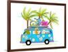 Holiday Summer Bus with Beach Tropical Vacation Tourists Baby Animals and Palms. Touristic Holidays-Popmarleo-Framed Art Print