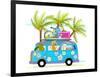 Holiday Summer Bus with Beach Tropical Vacation Tourists Baby Animals and Palms. Touristic Holidays-Popmarleo-Framed Art Print