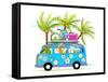 Holiday Summer Bus with Beach Tropical Vacation Tourists Baby Animals and Palms. Touristic Holidays-Popmarleo-Framed Stretched Canvas