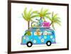 Holiday Summer Bus with Beach Tropical Vacation Tourists Baby Animals and Palms. Touristic Holidays-Popmarleo-Framed Premium Giclee Print