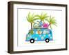 Holiday Summer Bus with Beach Tropical Vacation Tourists Baby Animals and Palms. Touristic Holidays-Popmarleo-Framed Art Print