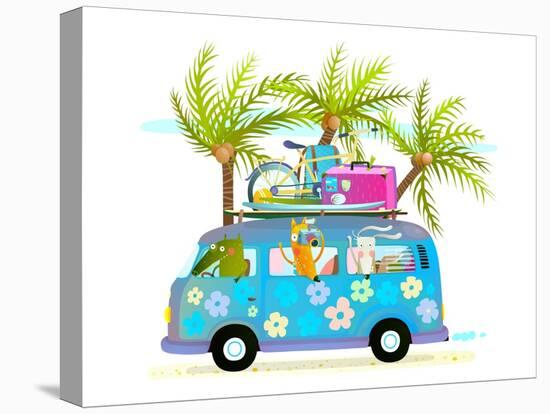 Holiday Summer Bus with Beach Tropical Vacation Tourists Baby Animals and Palms. Touristic Holidays-Popmarleo-Stretched Canvas