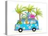 Holiday Summer Bus with Beach Tropical Vacation Tourists Baby Animals and Palms. Touristic Holidays-Popmarleo-Stretched Canvas