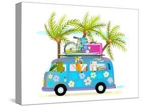 Holiday Summer Bus with Beach Tropical Vacation Tourists Baby Animals and Palms. Touristic Holidays-Popmarleo-Stretched Canvas