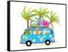 Holiday Summer Bus with Beach Tropical Vacation Tourists Baby Animals and Palms. Touristic Holidays-Popmarleo-Framed Stretched Canvas