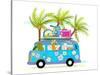 Holiday Summer Bus with Beach Tropical Vacation Tourists Baby Animals and Palms. Touristic Holidays-Popmarleo-Stretched Canvas