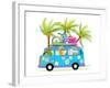 Holiday Summer Bus with Beach Tropical Vacation Tourists Baby Animals and Palms. Touristic Holidays-Popmarleo-Framed Art Print