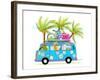 Holiday Summer Bus with Beach Tropical Vacation Tourists Baby Animals and Palms. Touristic Holidays-Popmarleo-Framed Art Print