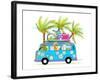 Holiday Summer Bus with Beach Tropical Vacation Tourists Baby Animals and Palms. Touristic Holidays-Popmarleo-Framed Art Print