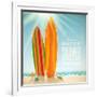 Holidays Vintage Design - Surfboards On A Beach Against A Sunny Seascape-vso-Framed Art Print