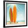 Holidays Vintage Design - Surfboards On A Beach Against A Sunny Seascape-vso-Framed Art Print