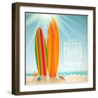 Holidays Vintage Design - Surfboards On A Beach Against A Sunny Seascape-vso-Framed Art Print