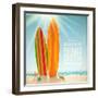 Holidays Vintage Design - Surfboards On A Beach Against A Sunny Seascape-vso-Framed Art Print