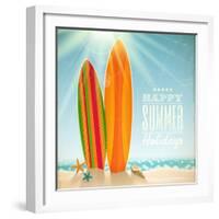 Holidays Vintage Design - Surfboards On A Beach Against A Sunny Seascape-vso-Framed Art Print