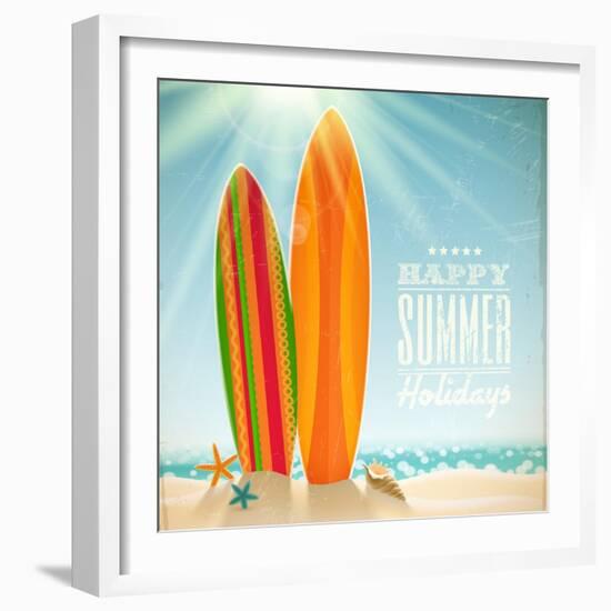 Holidays Vintage Design - Surfboards On A Beach Against A Sunny Seascape-vso-Framed Art Print