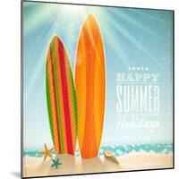 Holidays Vintage Design - Surfboards On A Beach Against A Sunny Seascape-vso-Mounted Art Print