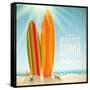 Holidays Vintage Design - Surfboards On A Beach Against A Sunny Seascape-vso-Framed Stretched Canvas