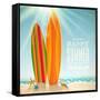 Holidays Vintage Design - Surfboards On A Beach Against A Sunny Seascape-vso-Framed Stretched Canvas