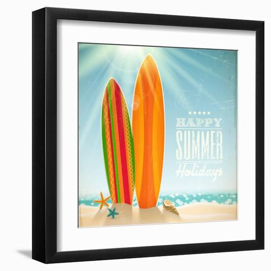 Holidays Vintage Design - Surfboards On A Beach Against A Sunny Seascape-vso-Framed Art Print