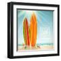 Holidays Vintage Design - Surfboards On A Beach Against A Sunny Seascape-vso-Framed Art Print