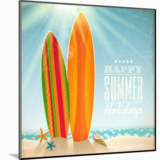 Holidays Vintage Design - Surfboards On A Beach Against A Sunny Seascape-vso-Mounted Art Print