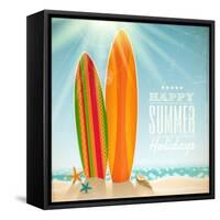 Holidays Vintage Design - Surfboards On A Beach Against A Sunny Seascape-vso-Framed Stretched Canvas