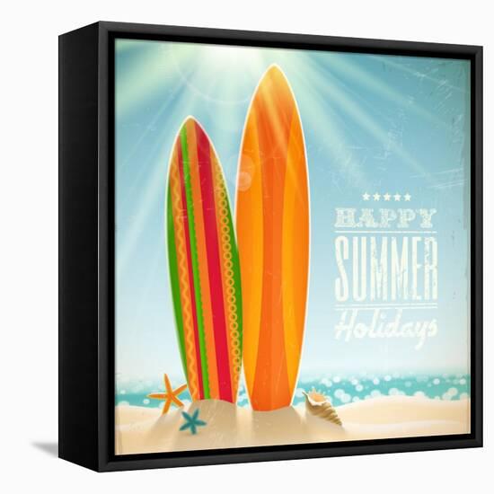 Holidays Vintage Design - Surfboards On A Beach Against A Sunny Seascape-vso-Framed Stretched Canvas