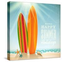 Holidays Vintage Design - Surfboards On A Beach Against A Sunny Seascape-vso-Stretched Canvas