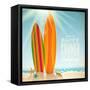 Holidays Vintage Design - Surfboards On A Beach Against A Sunny Seascape-vso-Framed Stretched Canvas