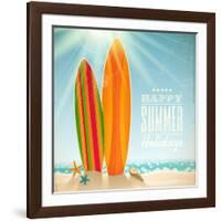 Holidays Vintage Design - Surfboards On A Beach Against A Sunny Seascape-vso-Framed Art Print