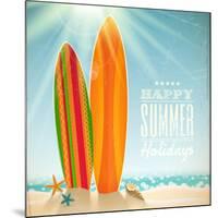 Holidays Vintage Design - Surfboards On A Beach Against A Sunny Seascape-vso-Mounted Art Print