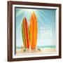 Holidays Vintage Design - Surfboards On A Beach Against A Sunny Seascape-vso-Framed Art Print